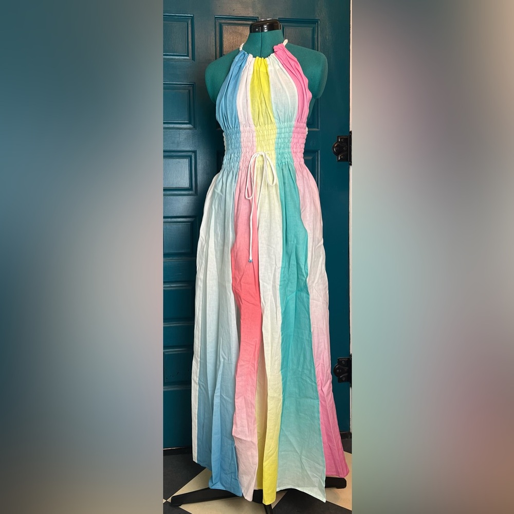 A Mere CO Dress Women's XS Rainbow Ombre Halter Smocked Maxi Slits Resort Linen